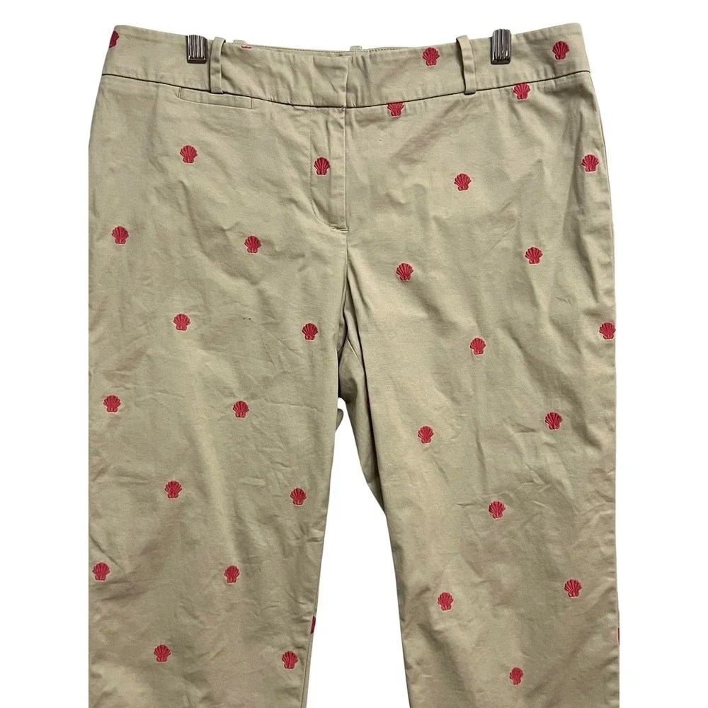 Talbots Cropped Pants‎ Womens 10P Tan Pink Shell Nautical Embroidered Ankle